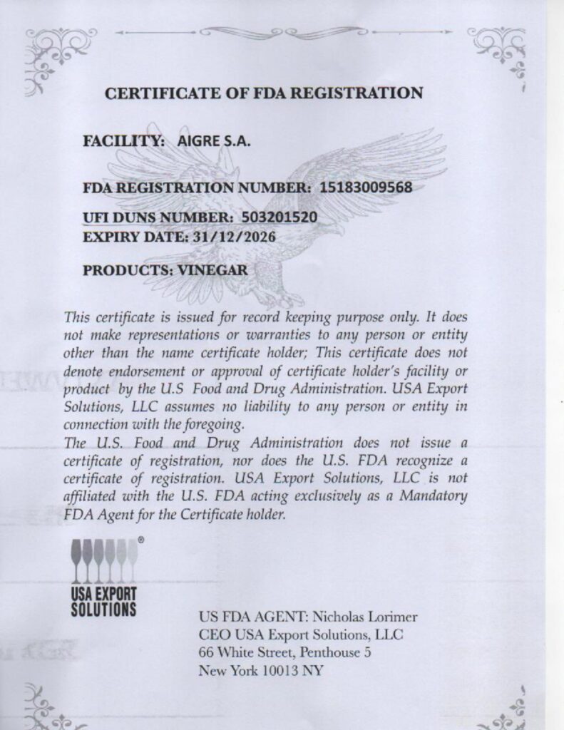 AIGRE S.A. FDA ADMINISTRATION valid to 31 12 2026 page 0001