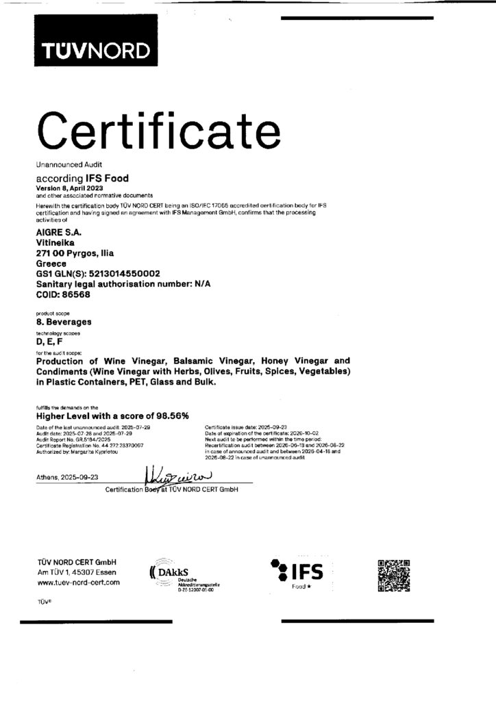 AIGRE S.A. IFS CERTIFICATE valid to 22 08 2026 page 0001
